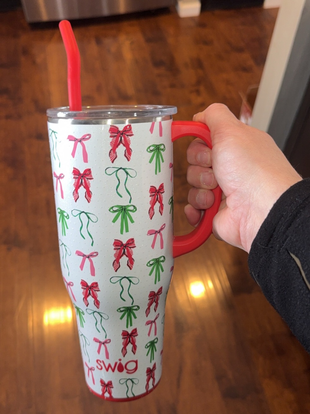 Swig Holiday Bow Insulated Travel Mug - White with Red & Green Bows